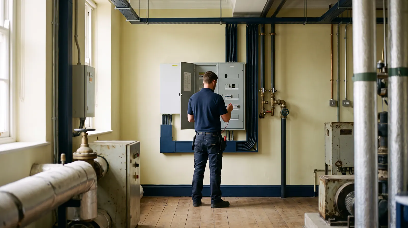 Three-phase distribution board in a commercial plant room