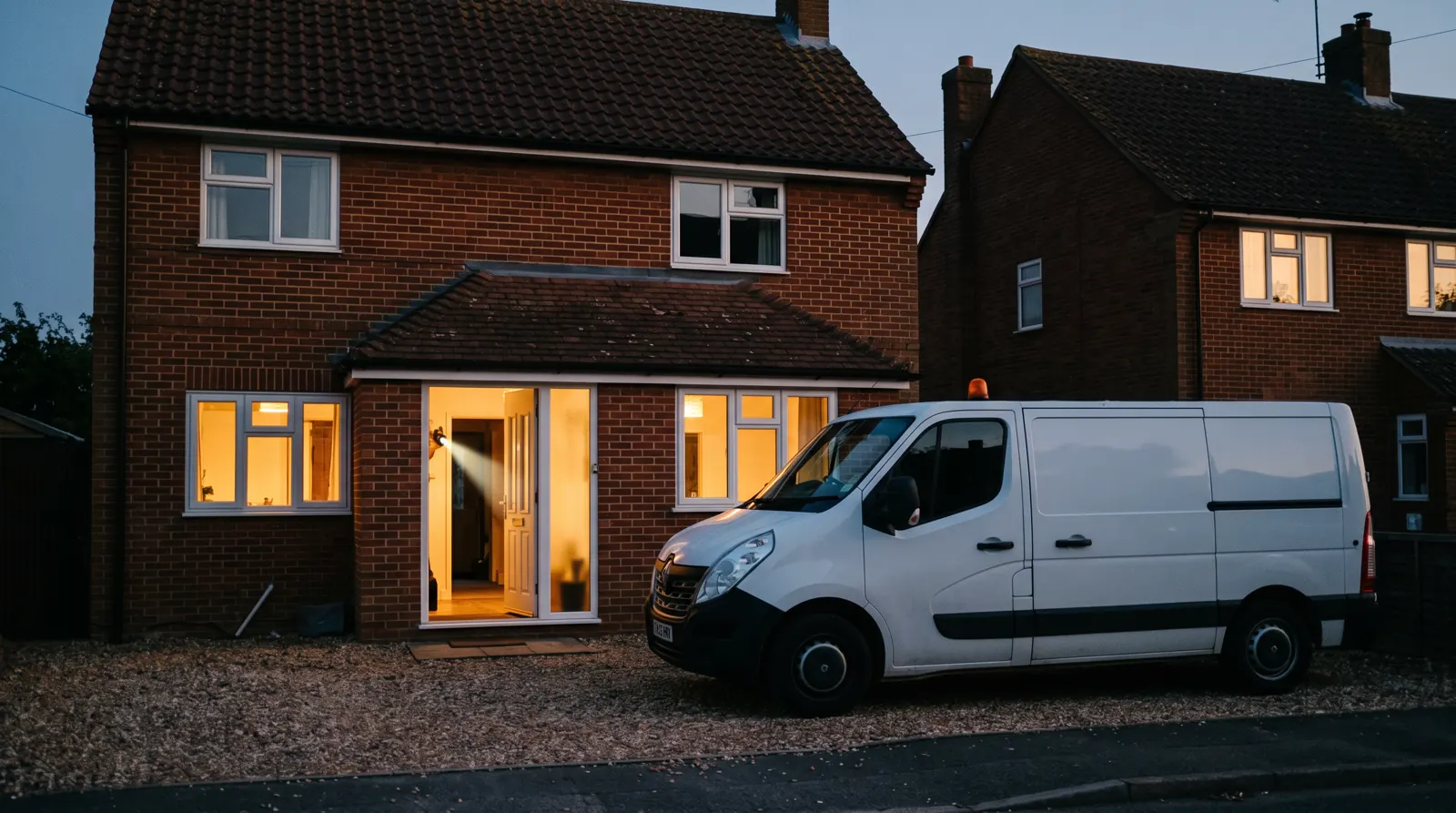 Electrician's van with amber beacon outside a house at dusk