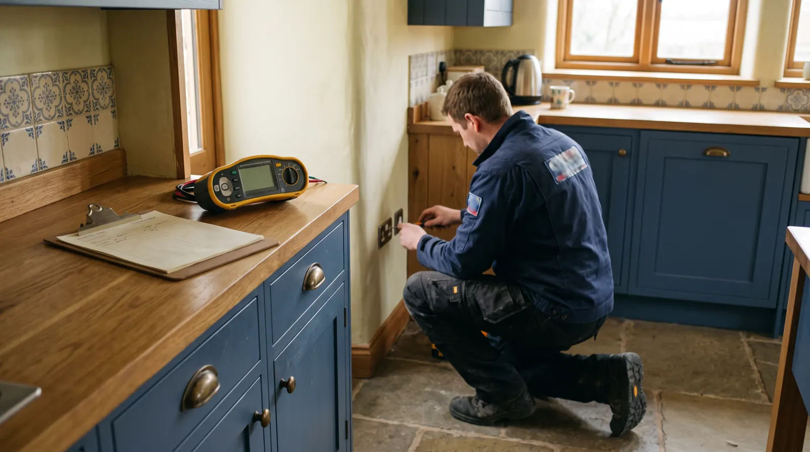 Electrician carrying out inspection and testing in a kitchen